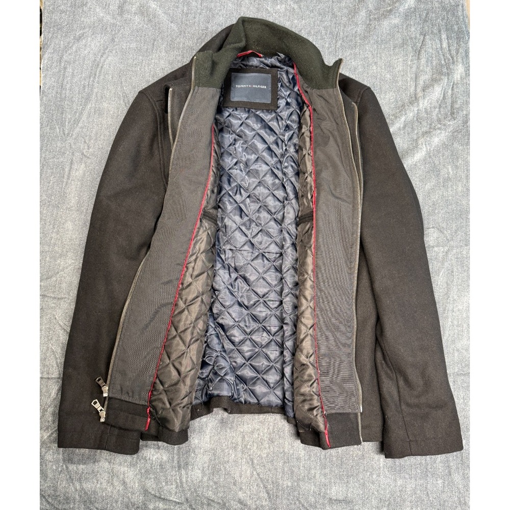 Tommy Hilfiger Mens XL Black Wool Blend Full Zip Jacket Quilted Lined